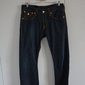 TRUE RELIGION Straight denim blue jeans, contrast stitch, size 33, NWOT